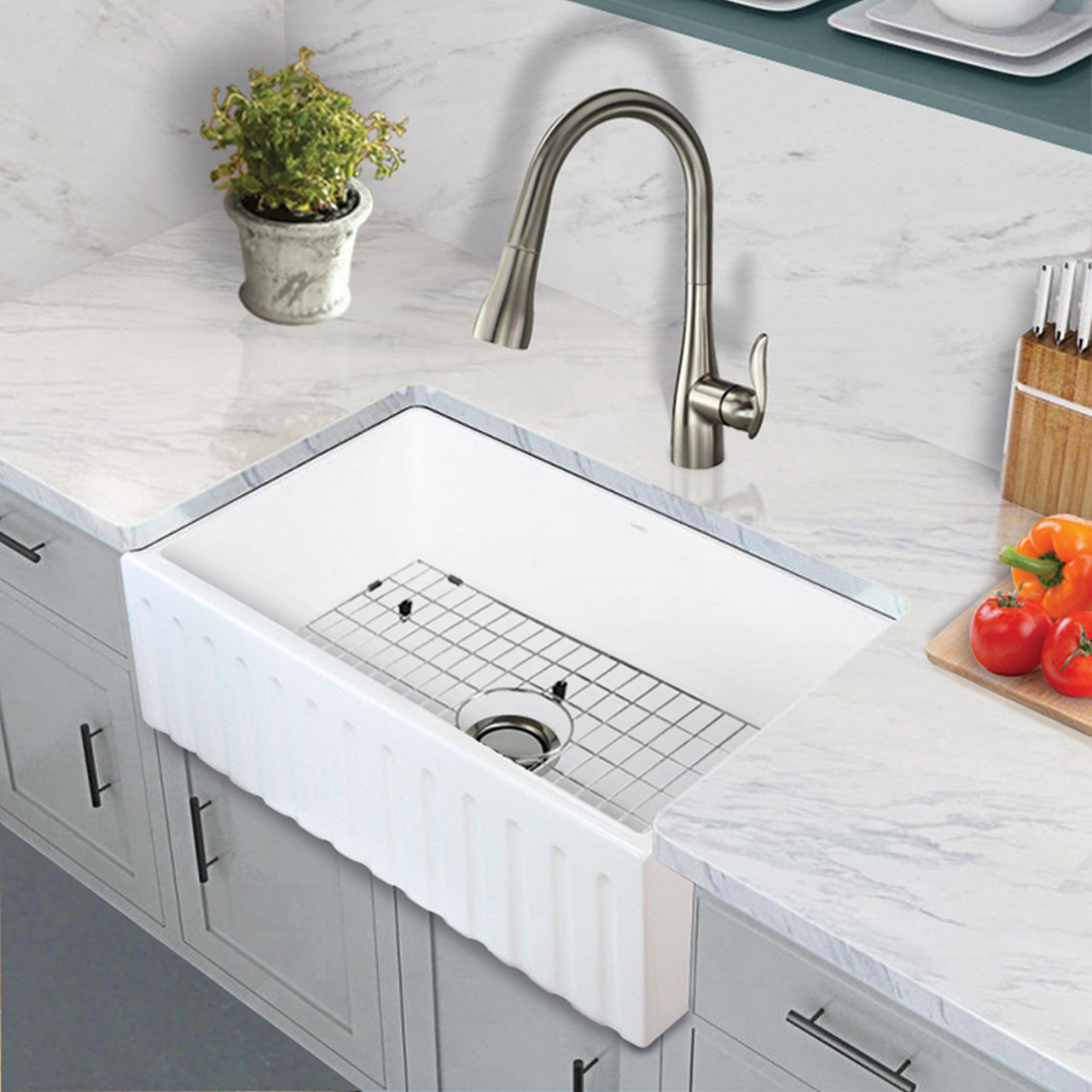 30-in x 20-in x 10-in Single Basin Reversible (English/Plain) Farmhouse Fireclay Kitchen Sink in White with Faucet, Grid, Strainer, Installation Kit