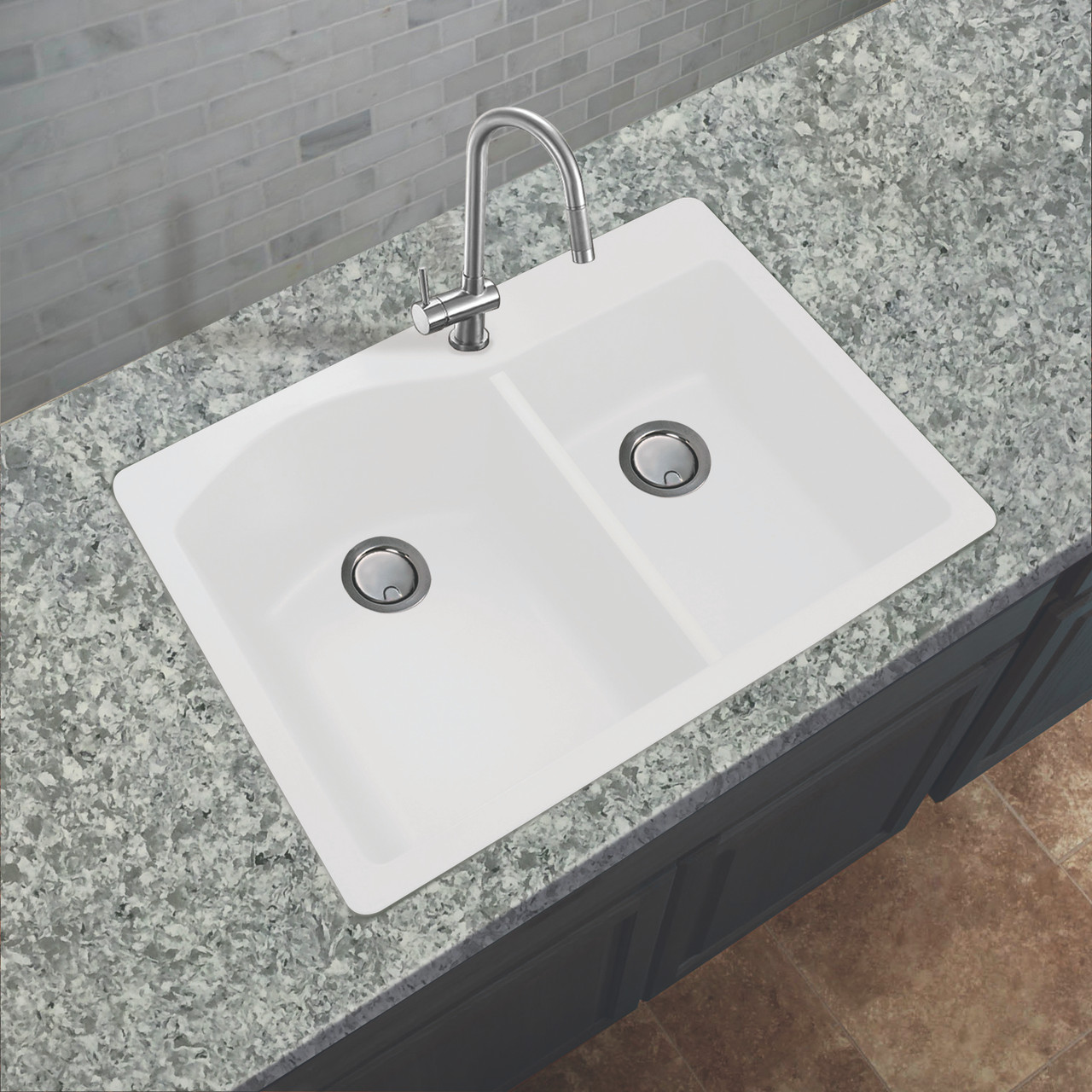 33-in x 22-in x 9.5-in Granite 1-3/4 D-Shaped Double Offset Drop-in 1-Hole Kitchen Sink in White with Grids, Strainer, Disposer Strainer, Installation Kit