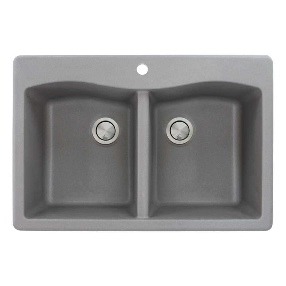 33-in x 22-in x 9.5-in Granite Double Equal Drop-in 1-Hole Kitchen Sink in Grey with Faucet,Grids, Strainer, Disposer Strainer, Installation Kit