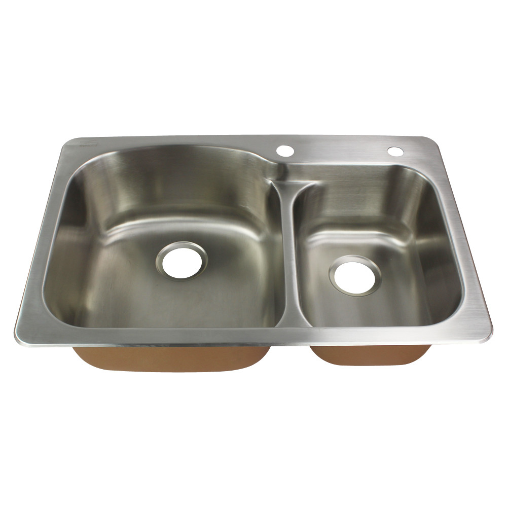 33-in x 22.02-in x 9-in/8-in 18 Gauge 75/25 Double Bowls, Stainless Steel Kitchen Sink, Drop-in Installation with 1-Hole, with Grids, Strainer, Disposer Strainer, Installation Kit