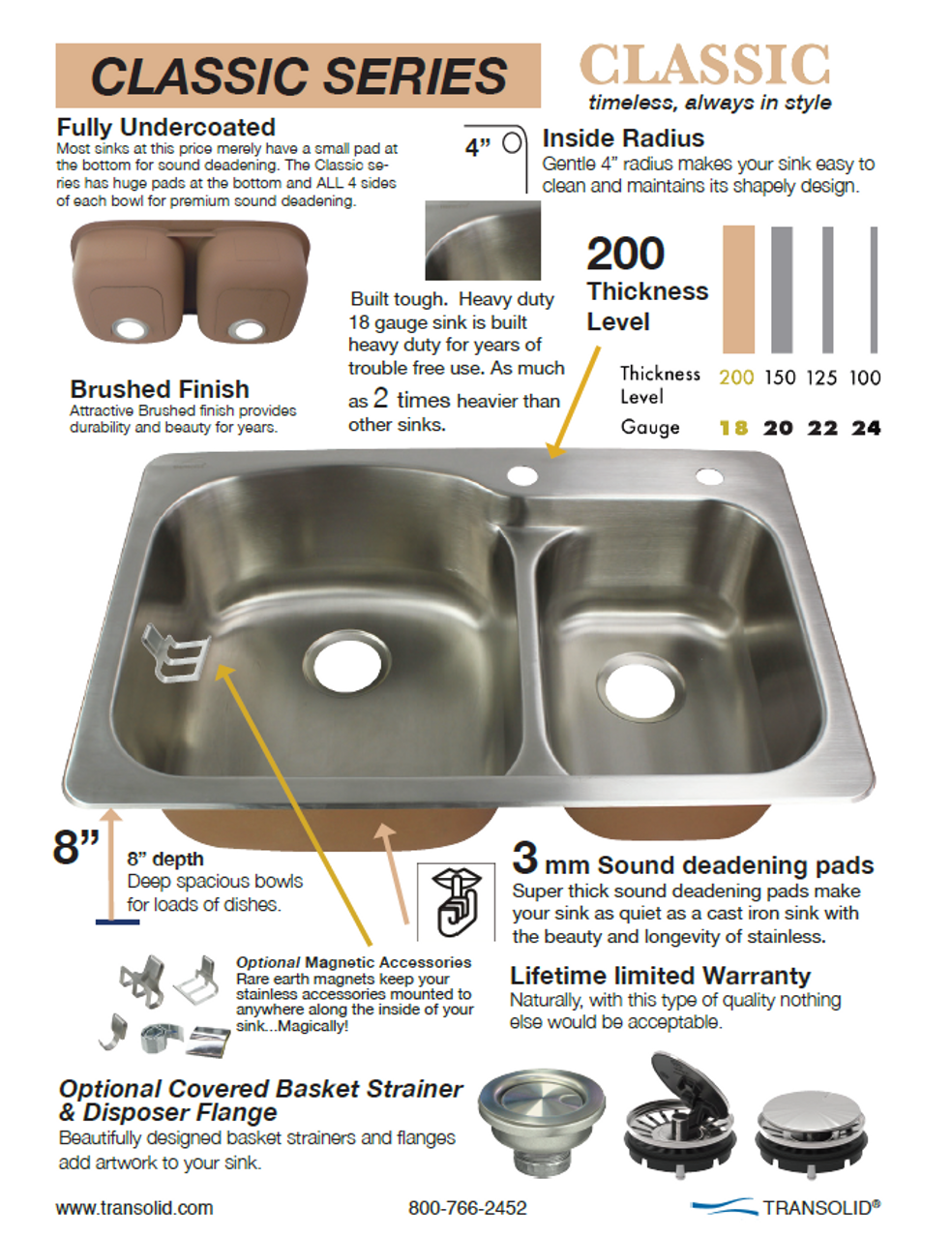 Transolid Classic 33in x 22in 18 Gauge Drop-in Double Bowl Kitchen Sink with 5-Holes with Grids, Strainer, Disposer Strainer, Installation Kit