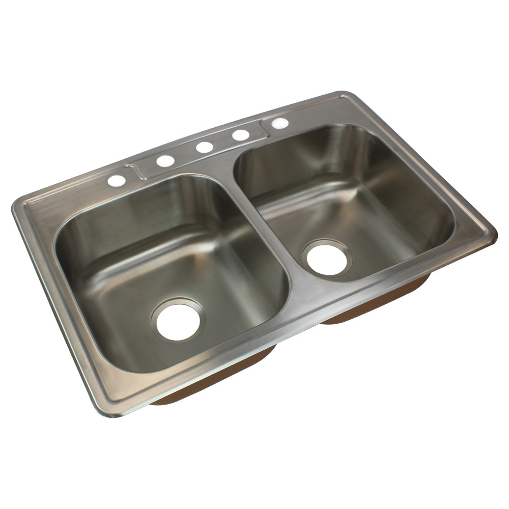 33-in x 22.02-in x 8-in 18 Gauge Double Equal Bowls, Stainless Steel Kitchen Sink, Drop-in Installation with 5-Holes, with Grids, Strainer, Disposer Strainer, Installation Kit