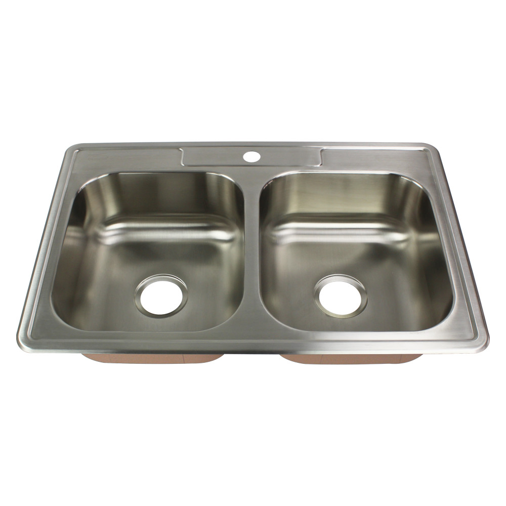 33-in x 22.02-in x 8-in 18 Gauge Double Equal Bowls, Stainless Steel Kitchen Sink, Drop-in Installation with 5-Holes, with Grids, Strainer, Disposer Strainer, Installation Kit