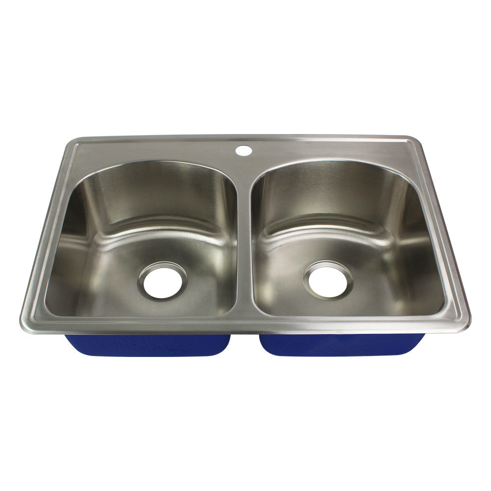 33-in x 22.02-in x 9-in 16 Gauge Double Equal Bowls, Stainless Steel Kitchen Sink, Drop-in Installation with 5-Holes, with Grids, Strainer, Disposer Strainer, Installation Kit