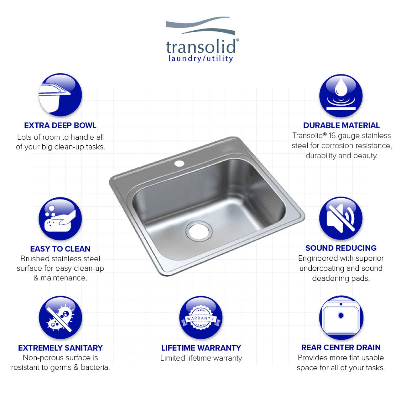 Transolid K-MTSB252212-MR2 Meridian Stainless Steel 25-in x 22-in x 12-in Laundry/Utility Sink Kit with 2-Hole in Brushed Finish