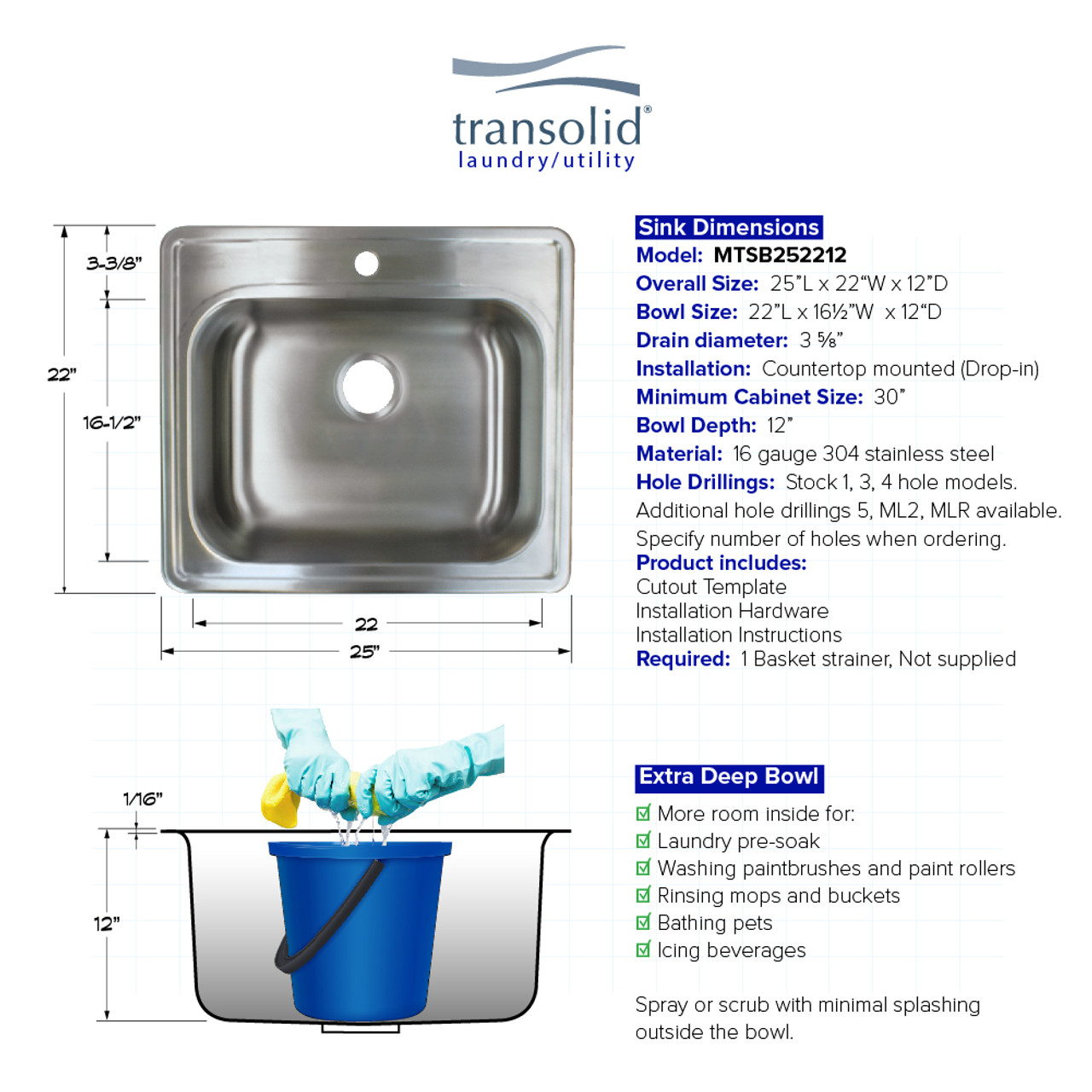 Transolid K-MTSB252212-MR2 Meridian Stainless Steel 25-in x 22-in x 12-in Laundry/Utility Sink Kit with 2-Hole in Brushed Finish