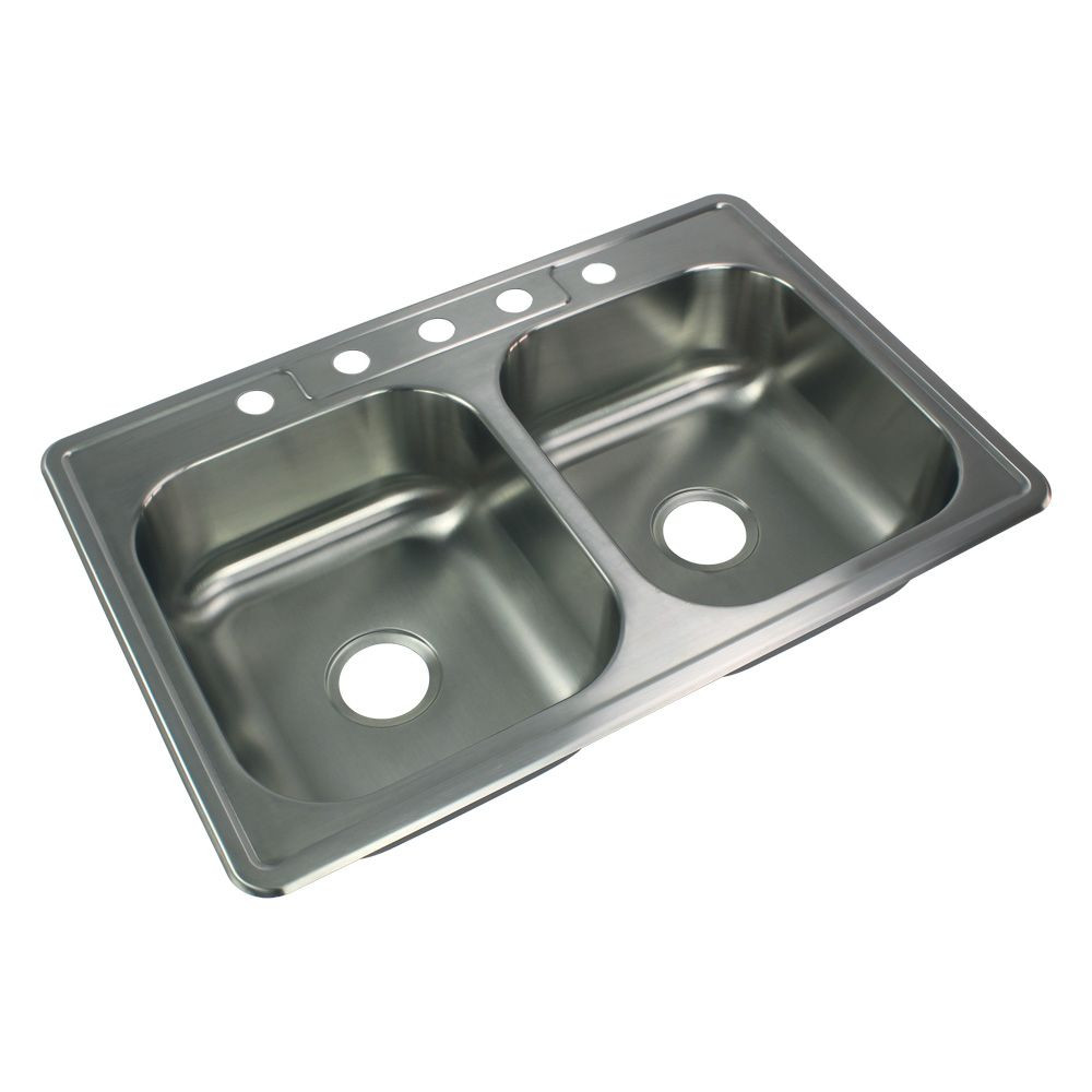 33-in x 22.02-in x 7-in 20 Gauge Double Equal Bowls, Stainless Steel Kitchen Sink, Drop-in Installation with 5-Holes, with Grids, Strainer, Disposer Strainer, Installation Kit