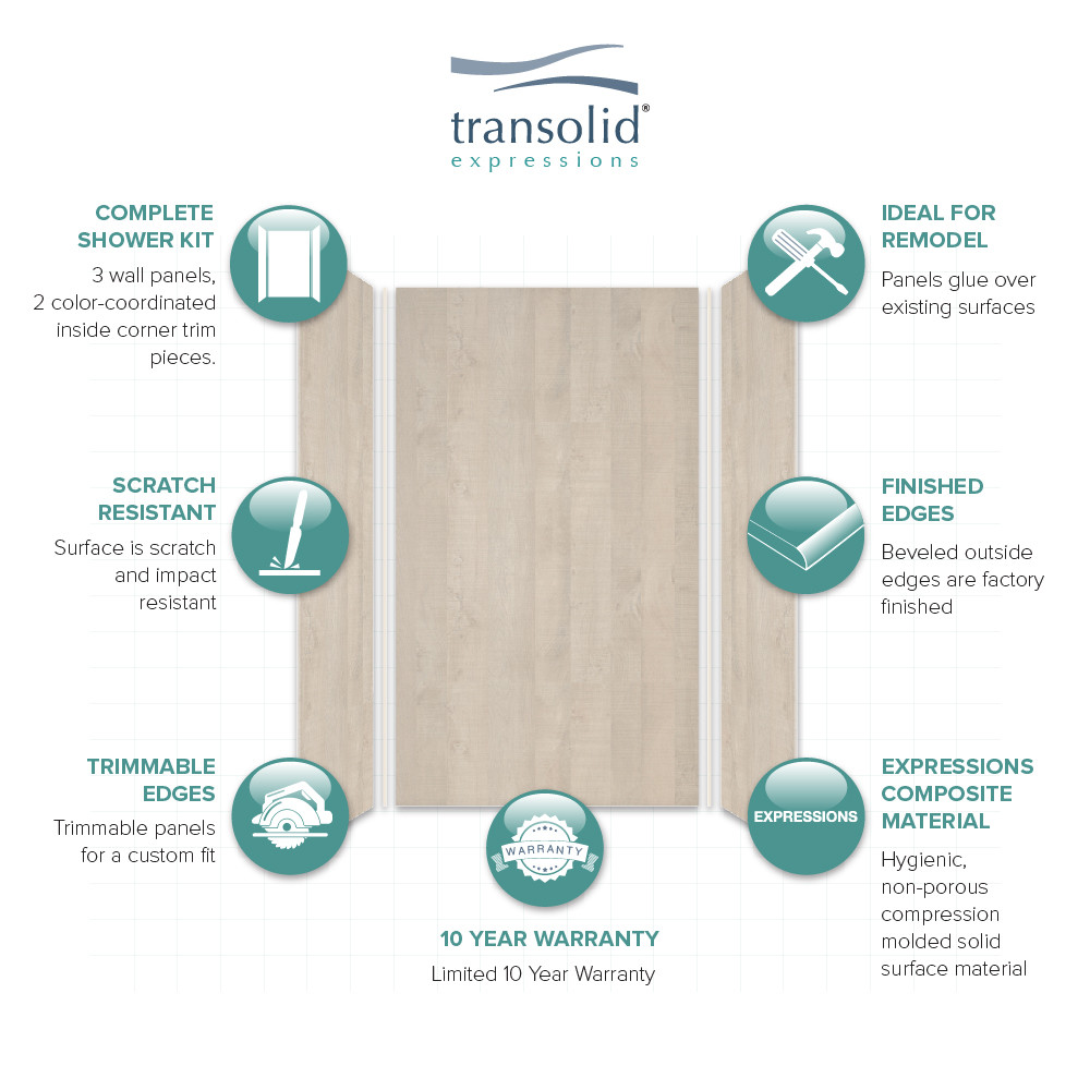 Transolid EWK424272-45 Expressions 42" X 42" X 72" 3-Piece Shower Wall Trimmable Kit, In Bleached Oak