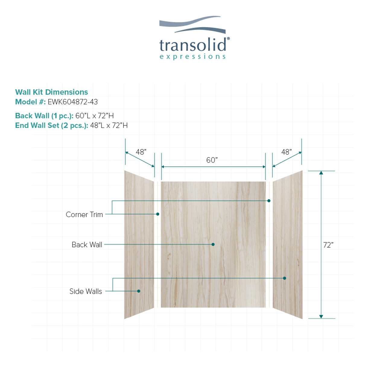 Transolid EWK604872-43 Expressions 48" X 60" X 72" 3-Piece Tub/Shower Wall Kit, In Sorento