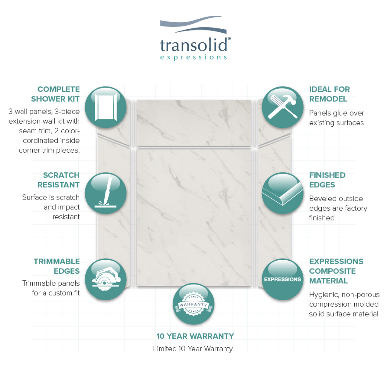 Transolid EWKX604896-41 Expressions 48" X 60" X 96" 6-Piece Tub/Shower Wall Kit with Extension Kit, In Bianca