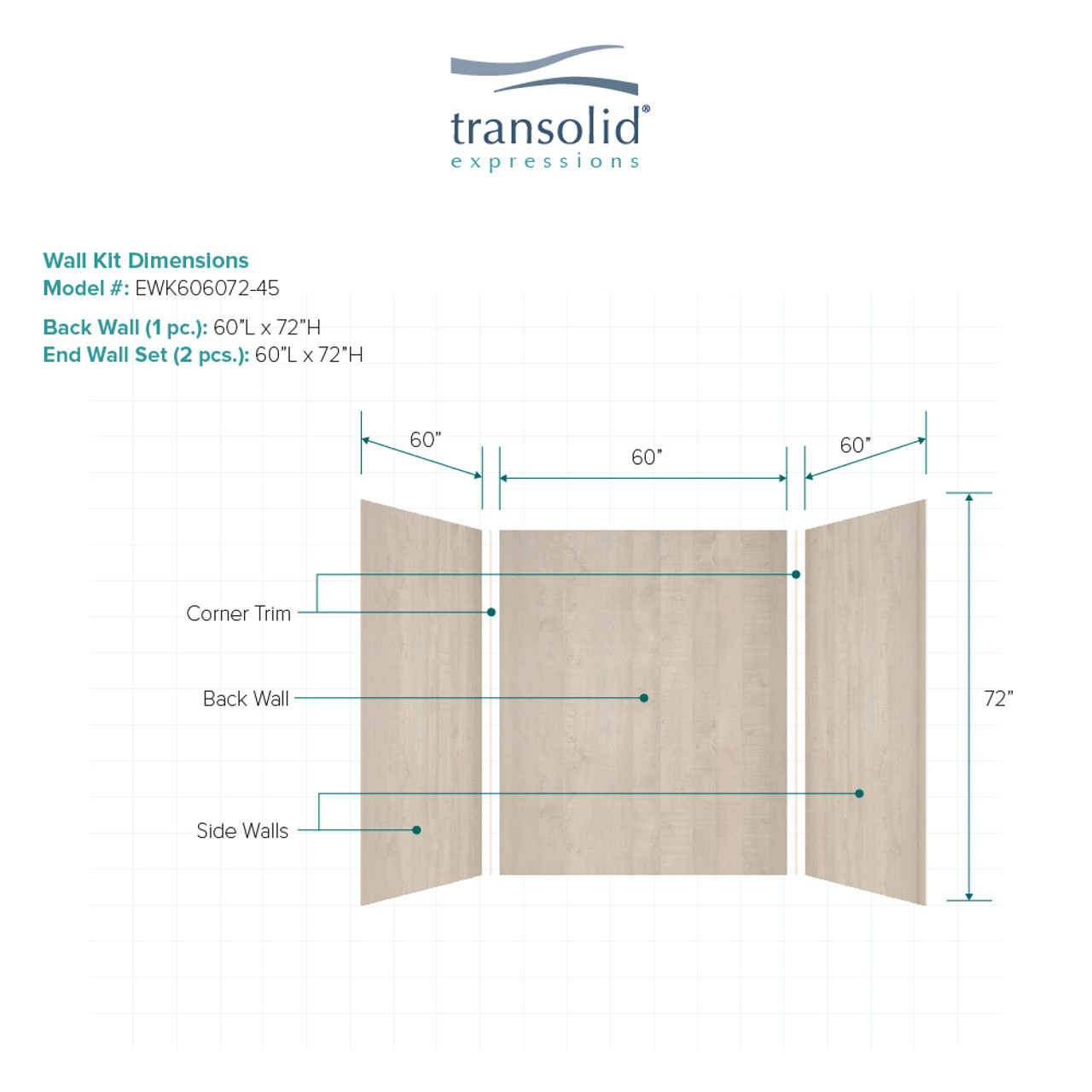 Transolid EWK606072-45 Expressions 60" X 60" X 72" 3-Piece Tub/Shower Wall Kit, In Bleached Oak