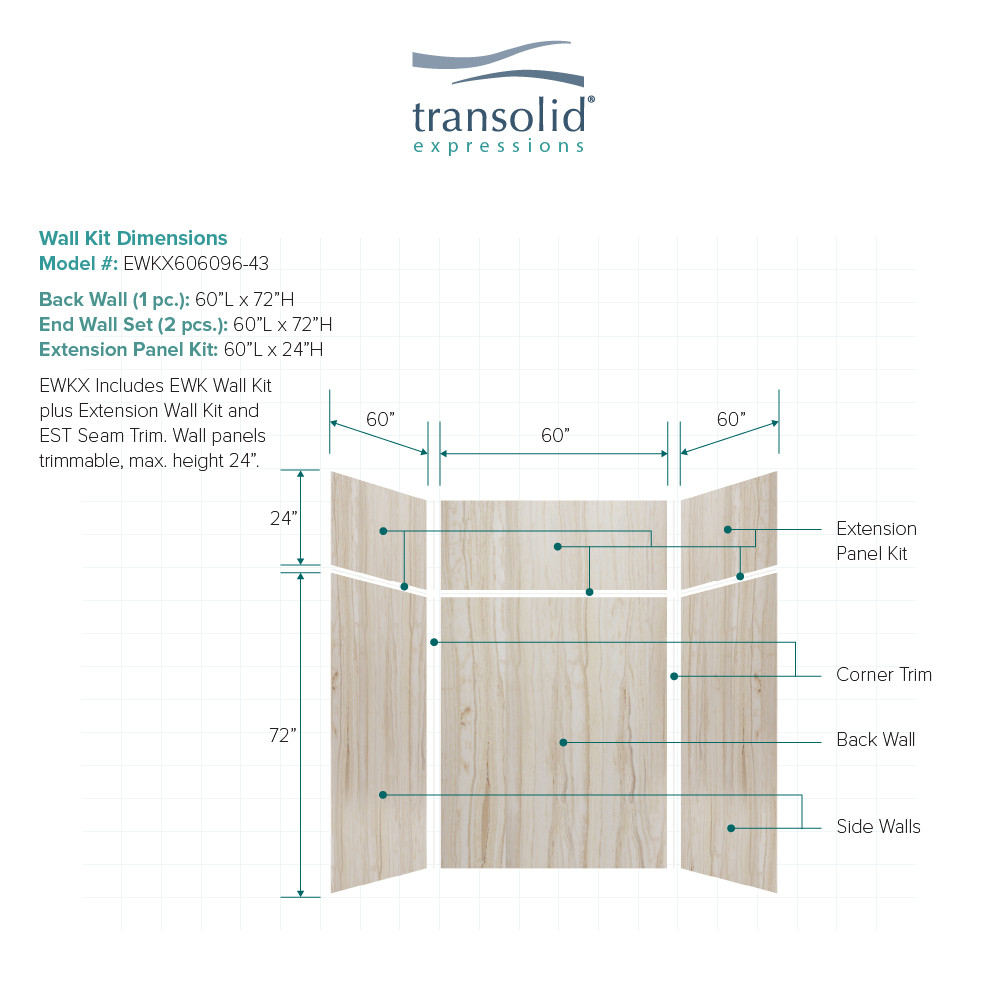 Transolid EWKX606096-43 Expressions 60" X 60" X 96" 6-Piece Tub/Shower Wall Kit with Extension Kit, In Sorento