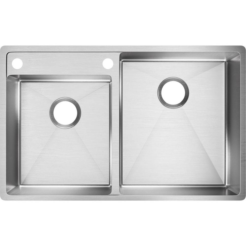32-1/2" x 20-1/2" x 9" 18 Gauge Stainless Steel Offset Double Bowl Undermount Sink with Left Lowered Water Deck and S2 Faucet Holes in Polished Satin