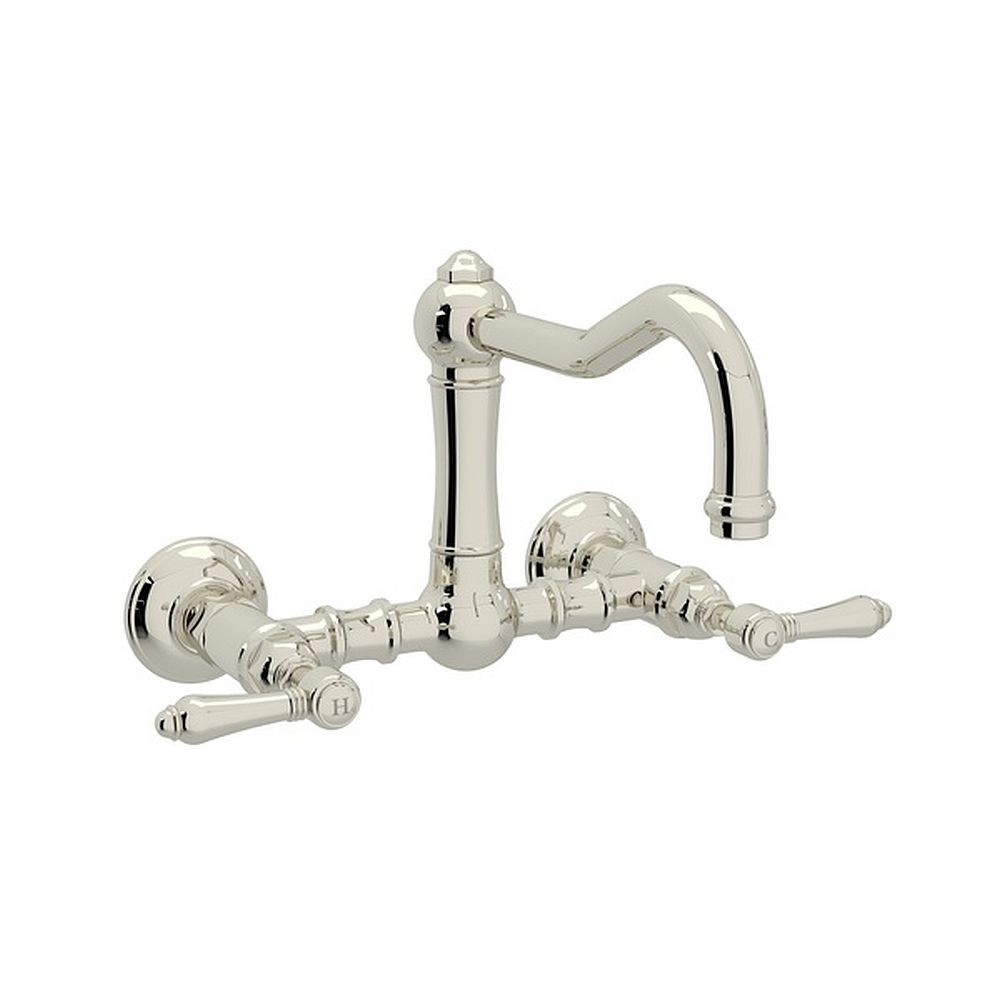 Wall Mount Column Spout Bridge Kitchen Faucet With Metal Lever Handle In Polished Nickel
