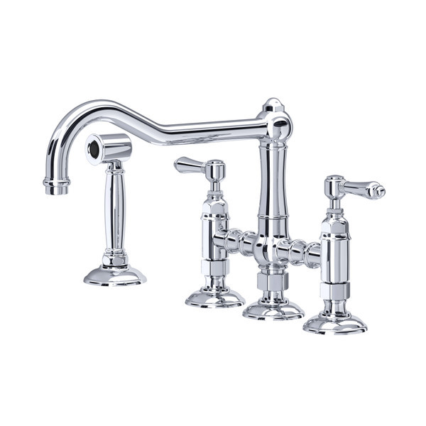 Rohl A1458LMWSAPC-2 Acqui Deck Mount Column Spout 3 Leg Bridge Kitchen Faucet with Sidespray and Metal Lever Handle, Polished Chrome