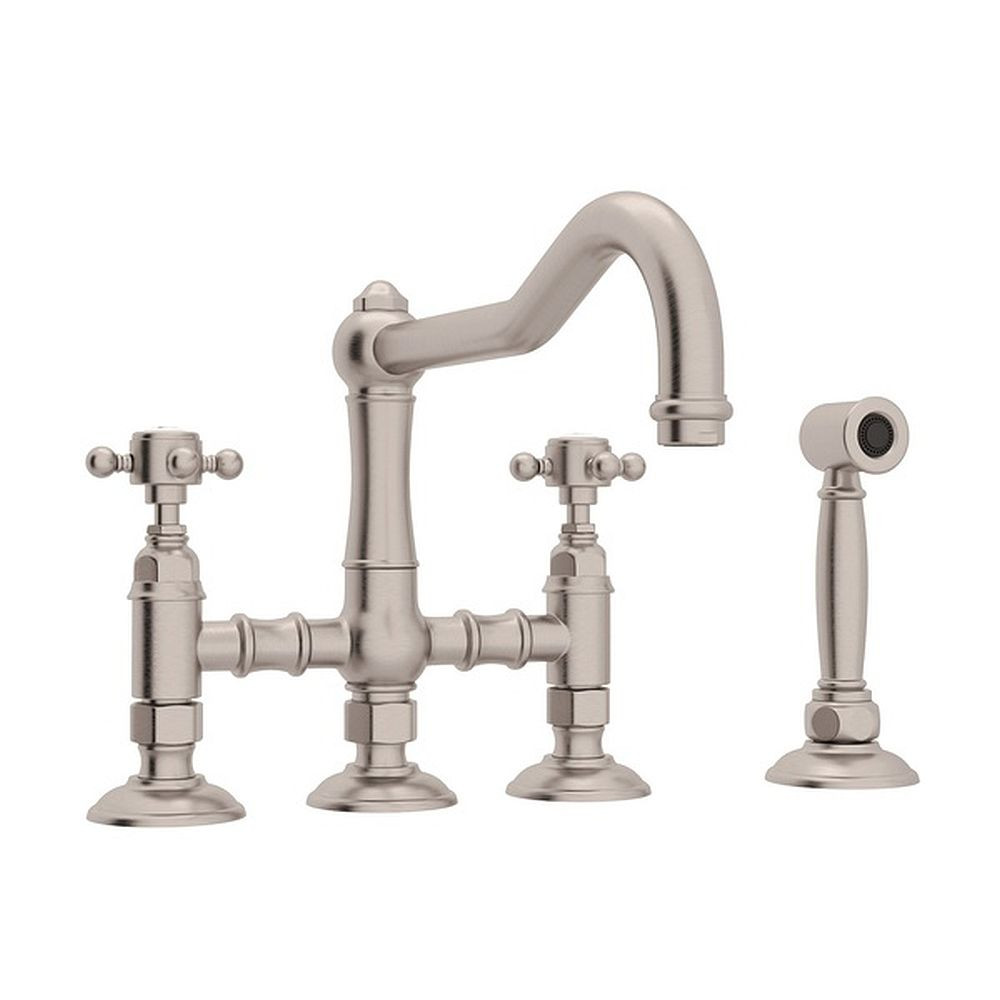 Deck Mount Column Spout 3 Leg Bridge Kitchen Faucet With Sidespray And Cross Handle In Satin Nickel