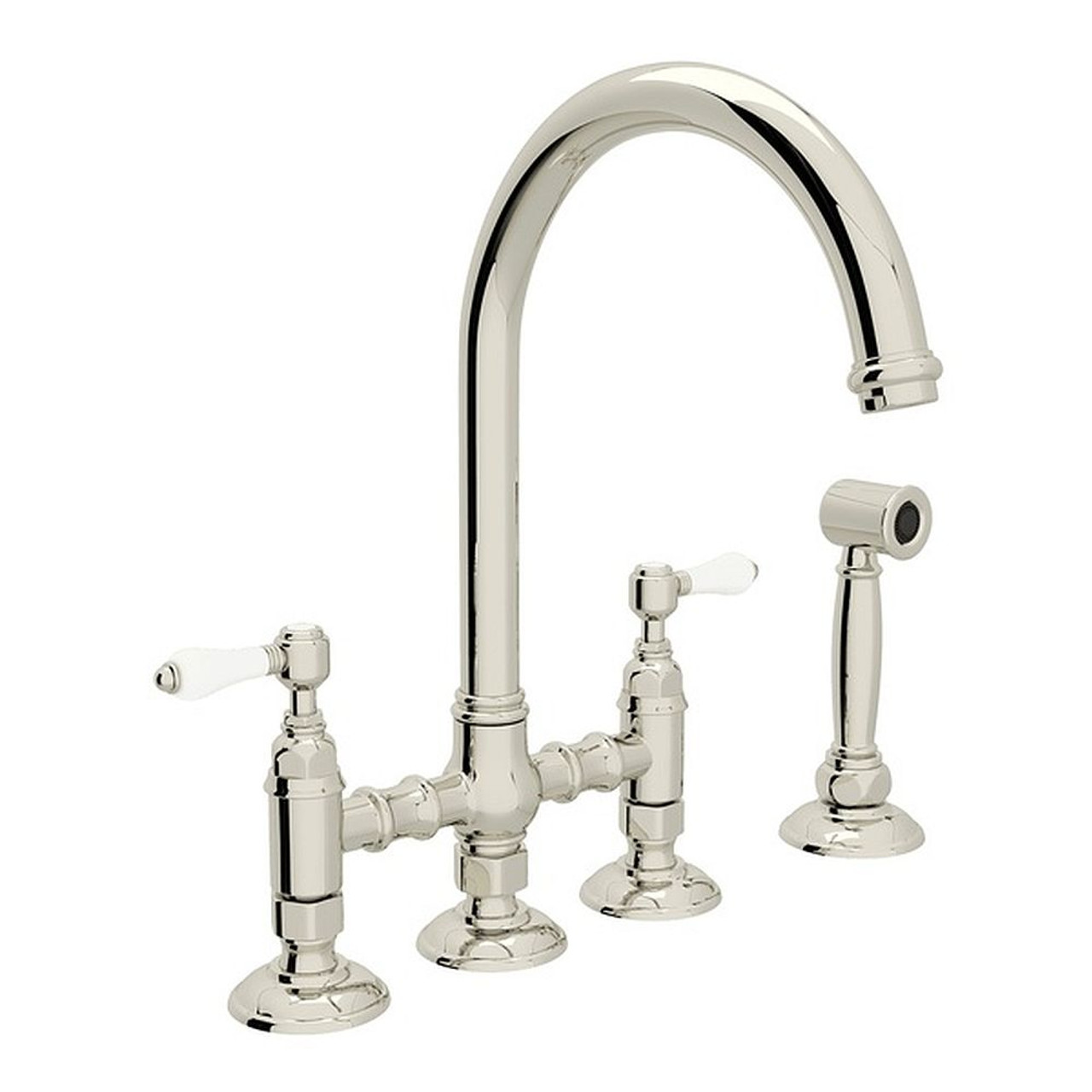 Deck Mount C-Spout 3 Leg Bridge Kitchen Faucet With Sidespray And Porcelain Lever In Polished Nickel