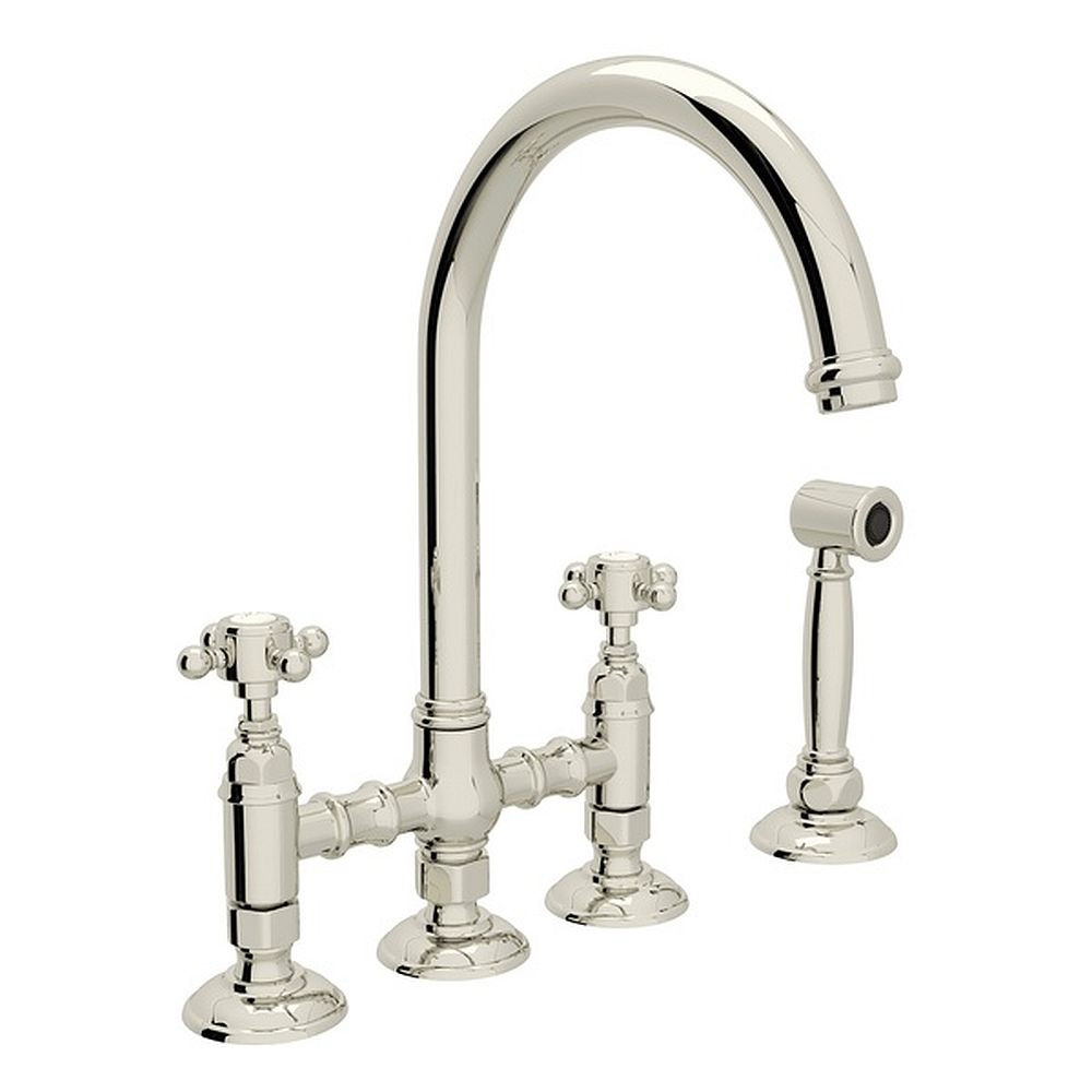 Deck Mount C-Spout 3 Leg Bridge Kitchen Faucet With Sidespray And Cross Handle In Polished Nickel
