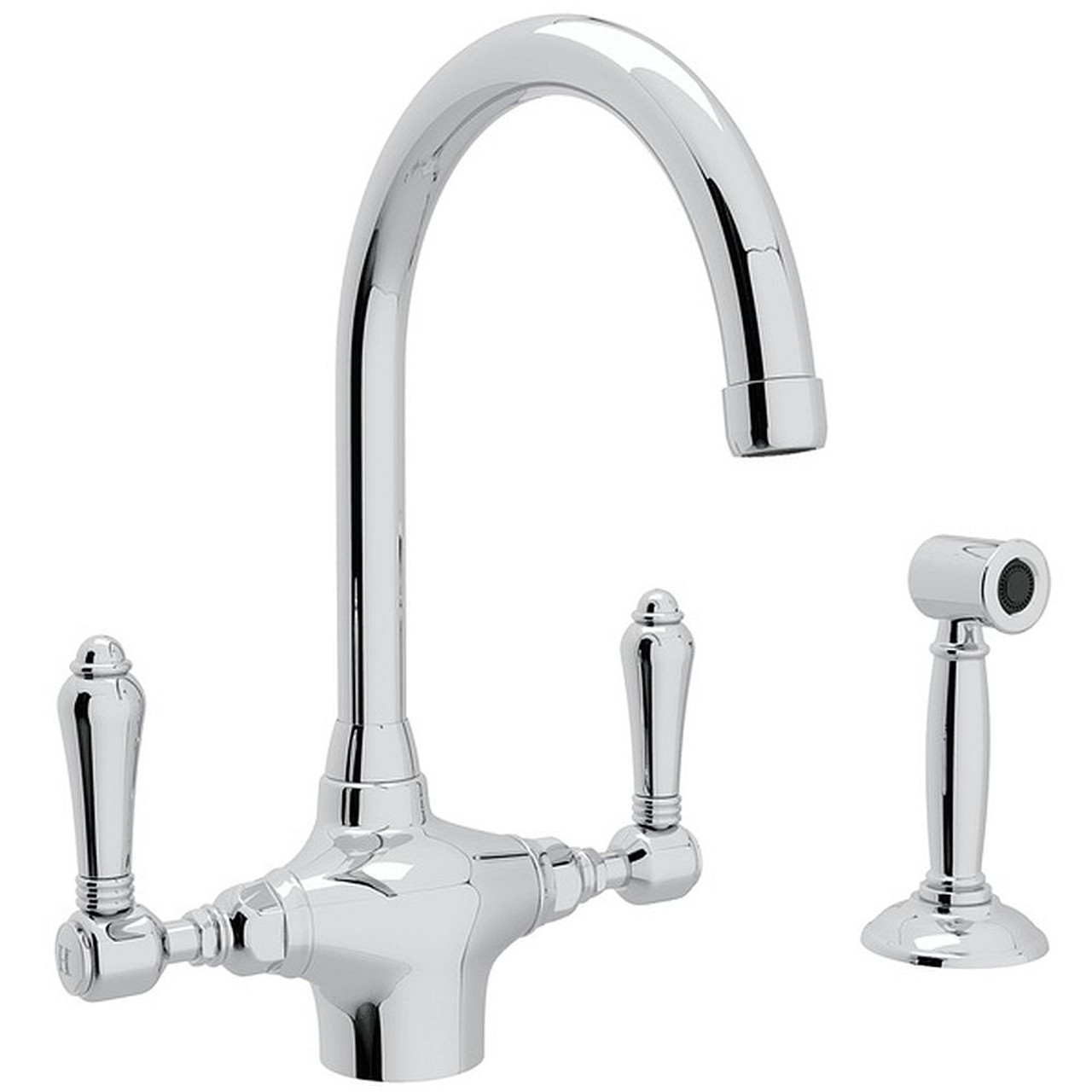 Rohl A1676LMWSAPC-2 Single Hole C-Spout Kitchen Faucet With Metal Lever Sidespray In Polished Chrome