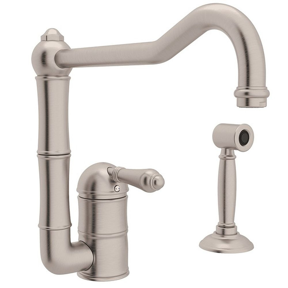Single Hole Column Spout Kitchen Faucet With 11" Sidespray And Extended Spout With Metal Lever Handle In Satin Nickel