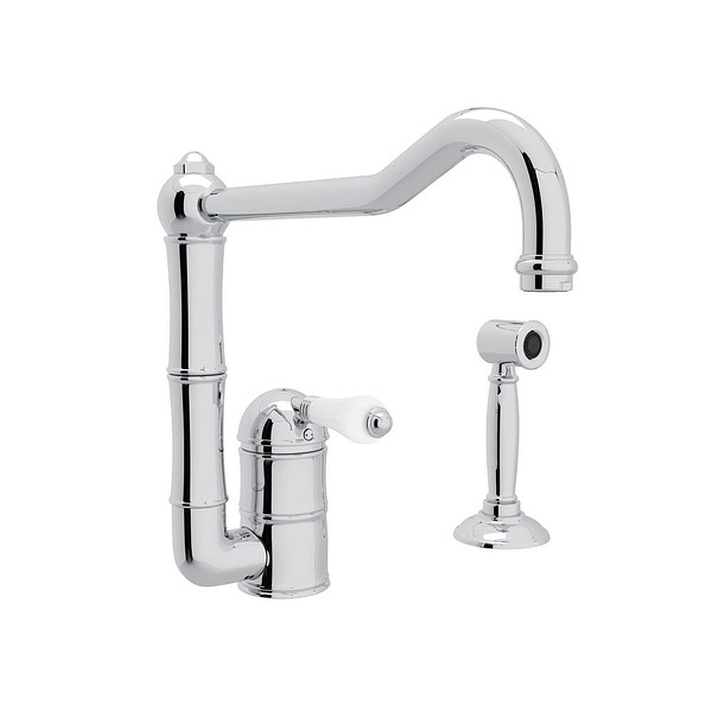 Single Hole Column Spout Kitchen Faucet With 11" Sidespray And Extended Spout With Porcelain Lever Handle In Polished Chrome
