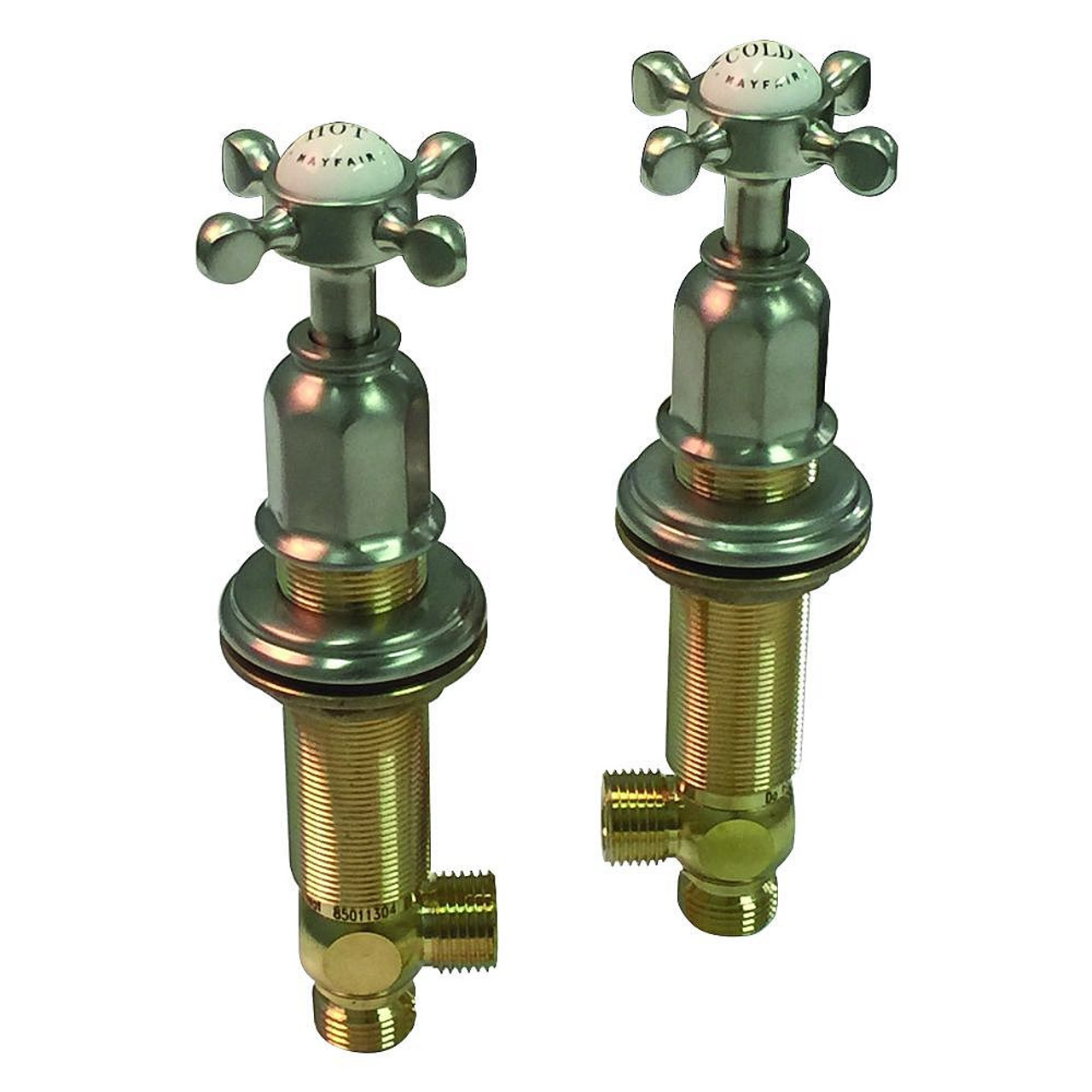 1/2" Pair of Two Deck Sidevalves with Cross Handles in Satin Nickel 1/2" Pair of Two Deck Sidevalves with Cross Handles in Satin Nickel
