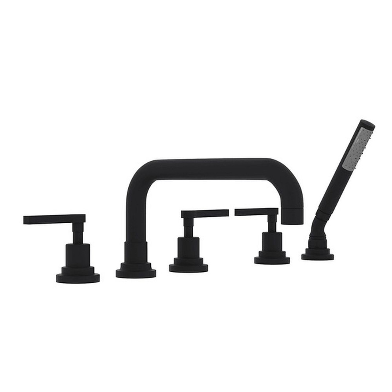 5-Hole Deck Mount Tub Filler with U-Spout Metal Lever Handles Diverter and Handshower in Matte Black 5-Hole Deck Mount Tub Filler with U-Spout Metal Lever Handles Diverter and Handshower in Matte Black