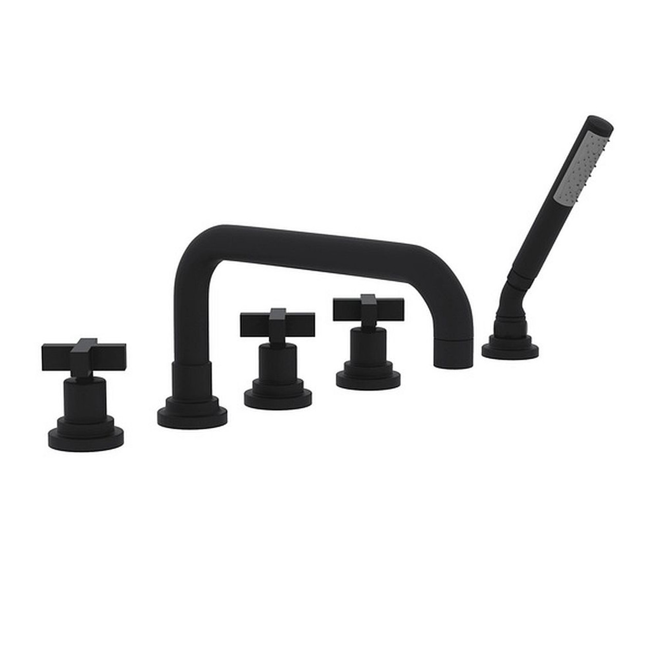 5-Hole Deck Mount Tub Filler with U-Spout Cross Handles Diverter and Handshower in Matte Black