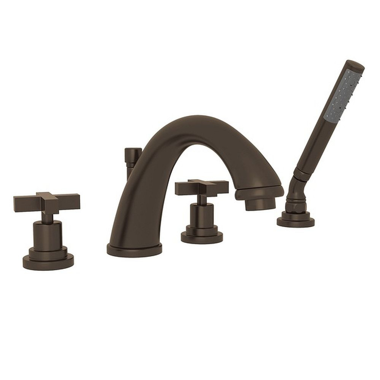 4-Hole Deck Mount C-Spout Tub Filler with Handshower in Tuscan Brass 4-Hole Deck Mount C-Spout Tub Filler with Handshower in Tuscan Brass