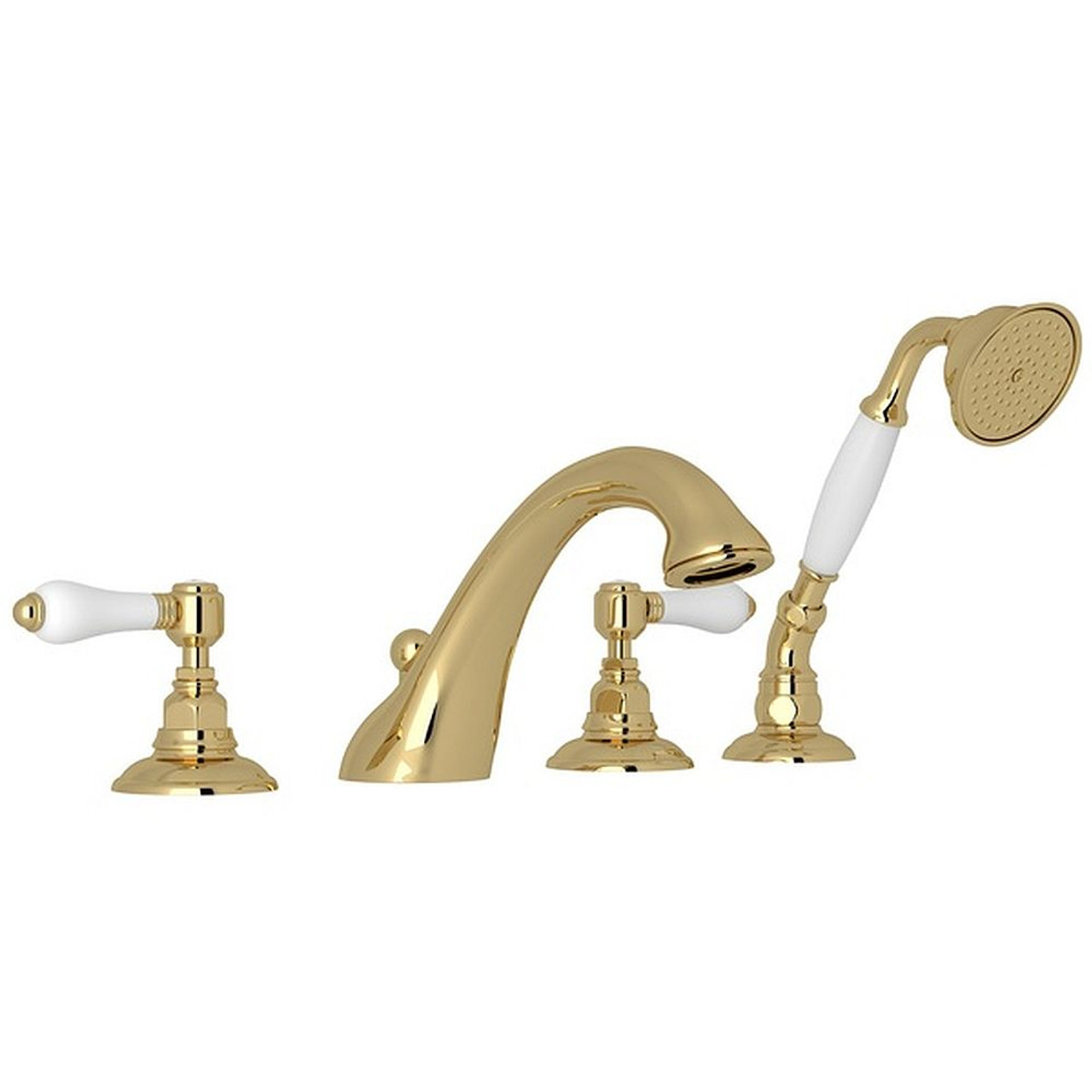 4-Hole Deck Mount C-Spout Tub Filler with Porcelain Lever Handshower in Unlacquered Brass 4-Hole Deck Mount C-Spout Tub Filler with Porcelain Lever Handshower in Unlacquered Brass