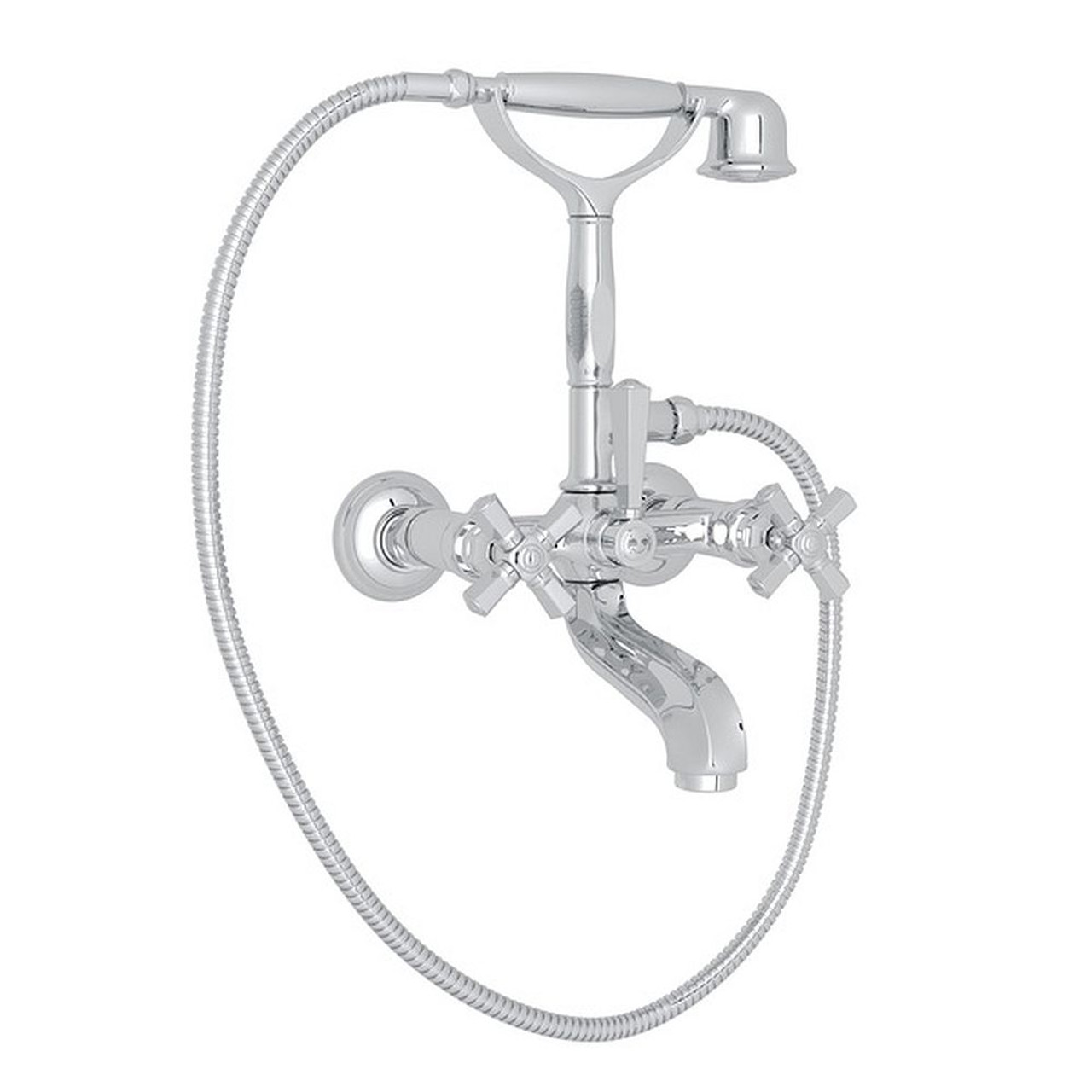 Exposed Tub Set with Cross Handle Handshower in Polished Chrome