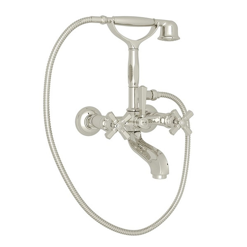 Exposed Tub Set with Cross Handle Handshower in Polished Nickel