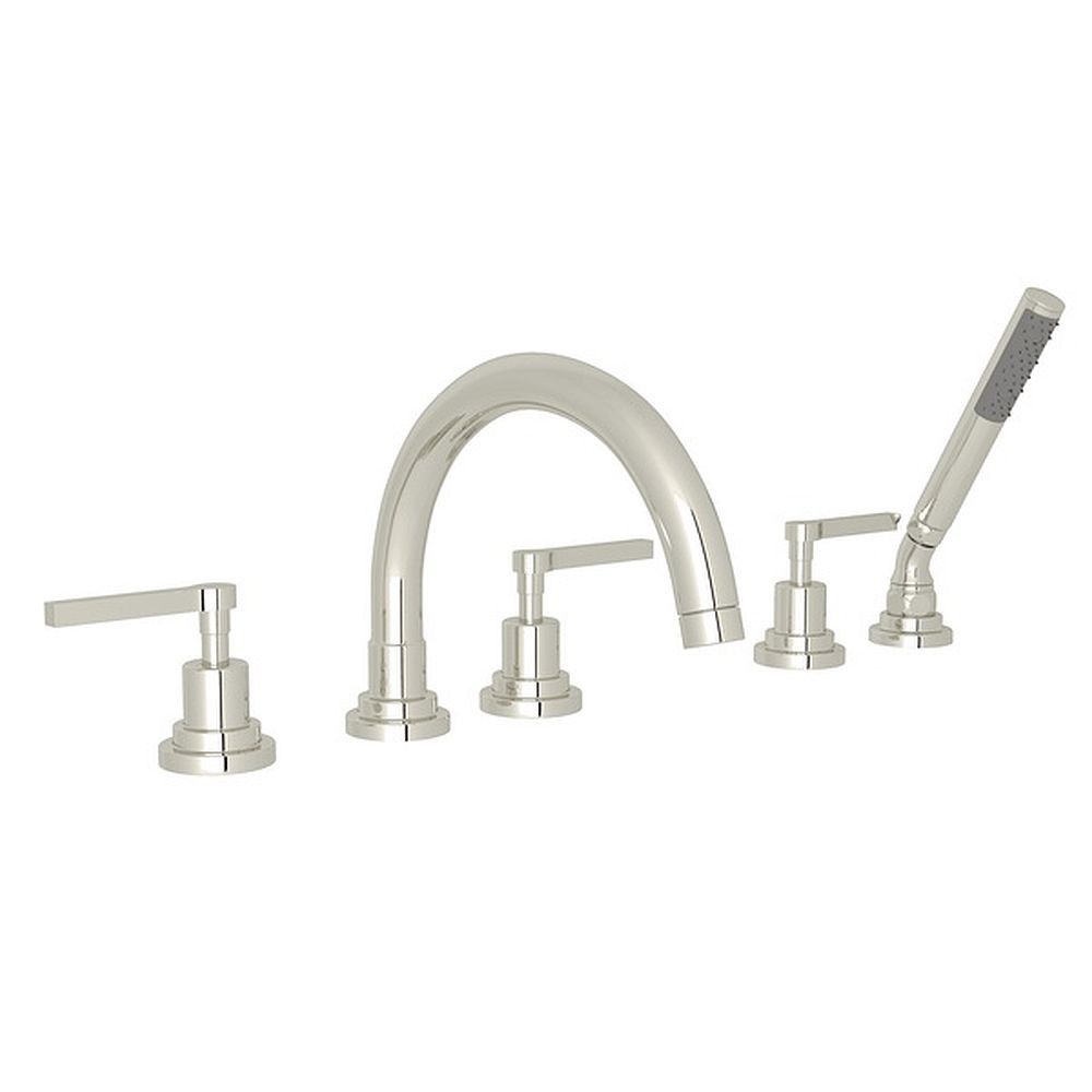 5-Hole Deck Mount Tub Filler with Metal Lever C-Spout in Polished Nickel