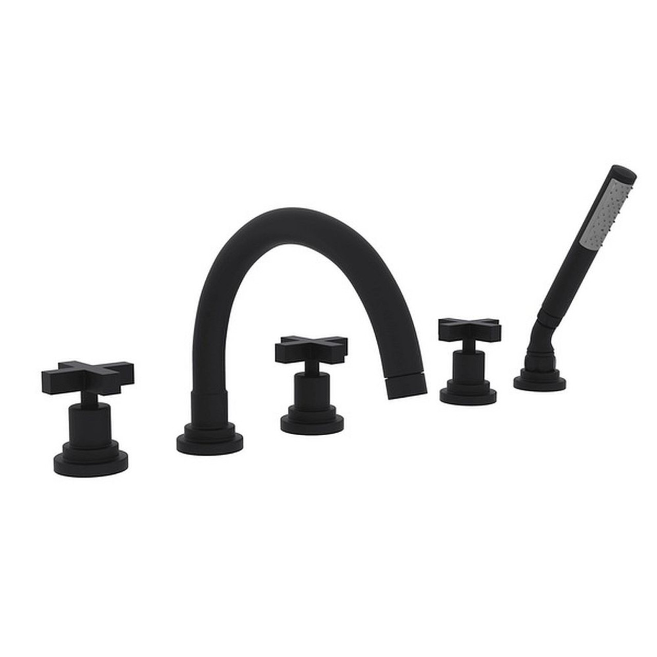 5-Hole Deck Mount Tub Filler with Cross Handle C-Spout in Matte Black 5-Hole Deck Mount Tub Filler with Cross Handle C-Spout in Matte Black