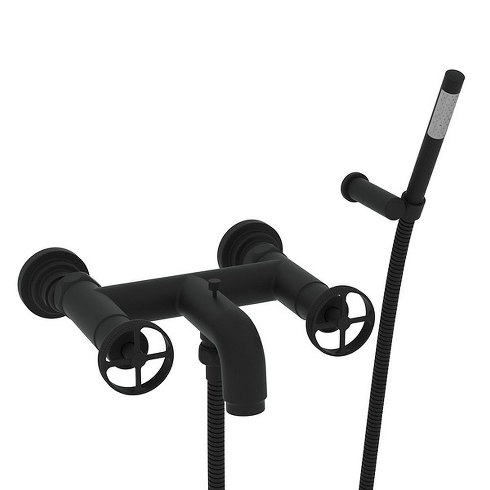 Wall Mount Exposed Tub Filler with Metal Campo Wheel Handles and Handshower in Matte Black