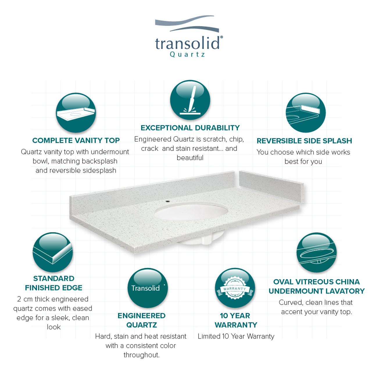 Transolid VT43x22-1OU-3A-A-W-8  43 in. W x 22.25 in. D Quartz Vanity Top in Milan White with 8in Centerset and Oval Undermount Sink