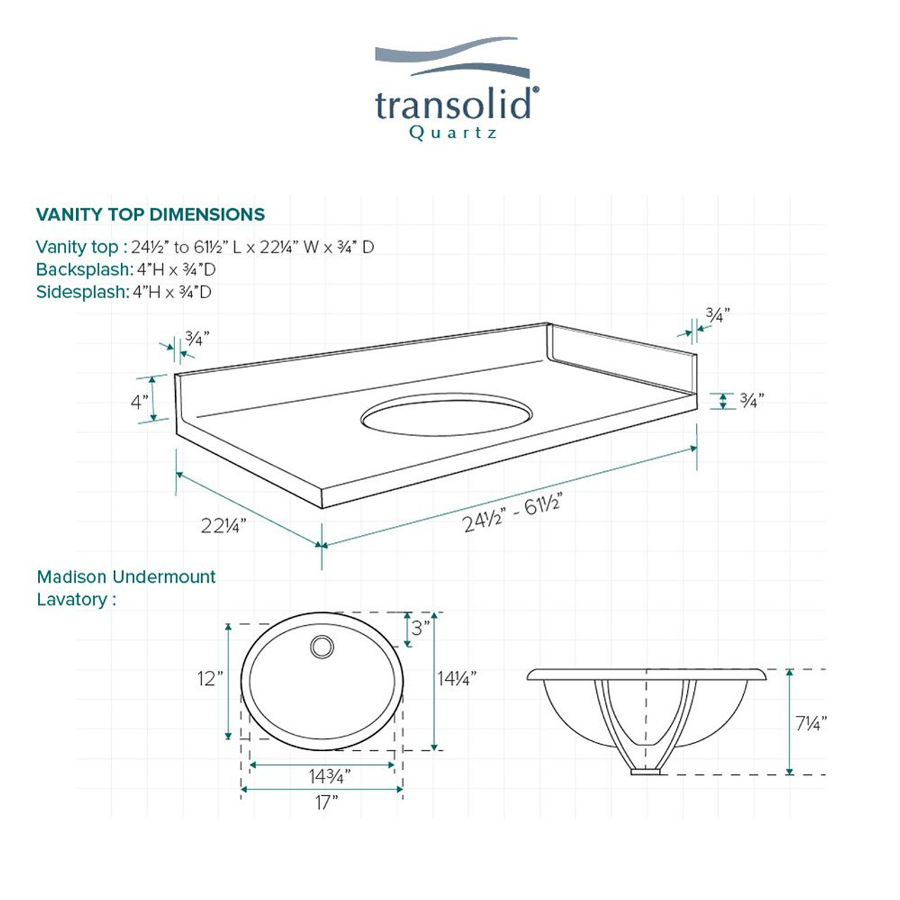 Transolid VT43x22-1OU-3A-A-W-8  43 in. W x 22.25 in. D Quartz Vanity Top in Milan White with 8in Centerset and Oval Undermount Sink