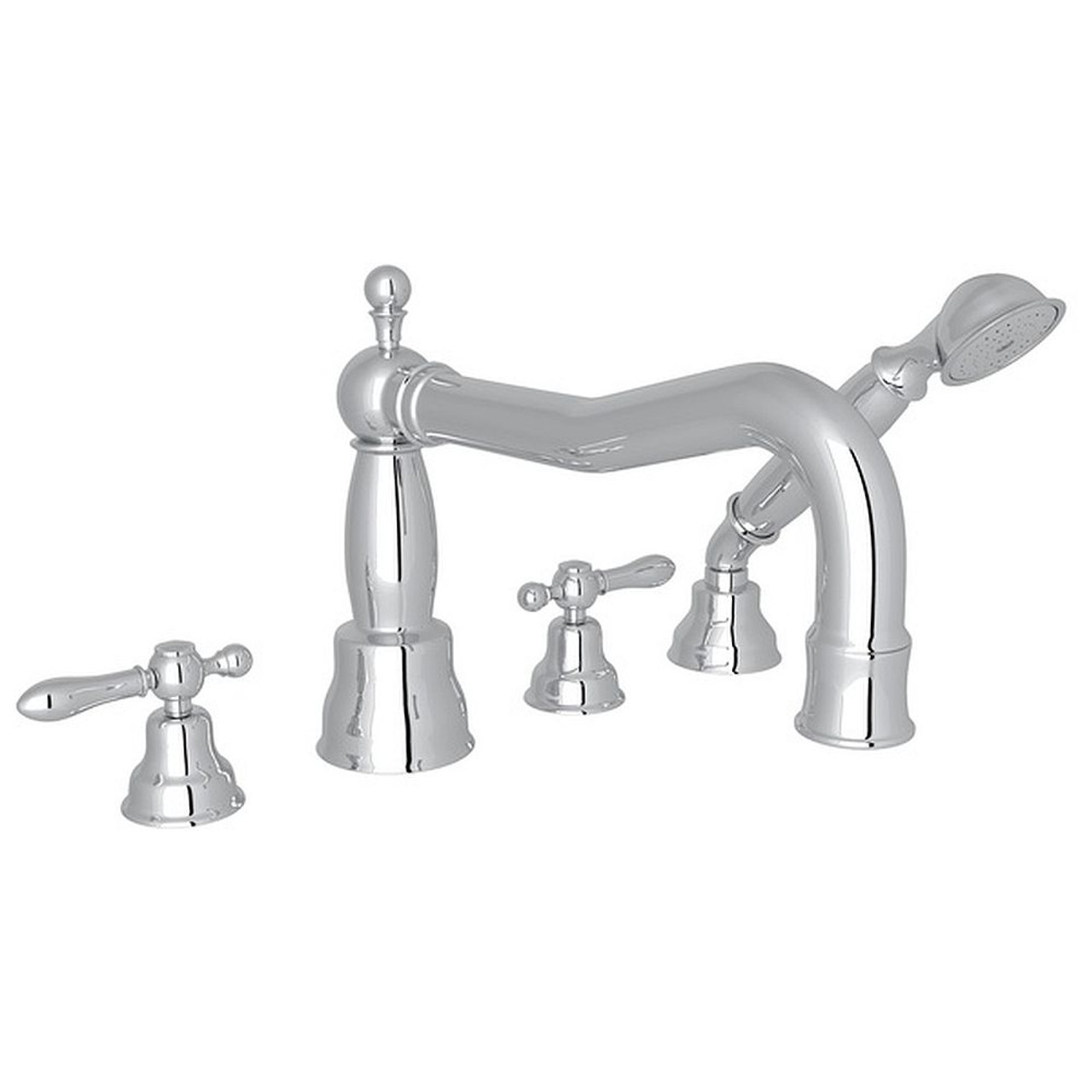 Column Spout 4-Hole Deck Mount Tub Filler with Classic Metal Lever and Handshower in Polished Chrome