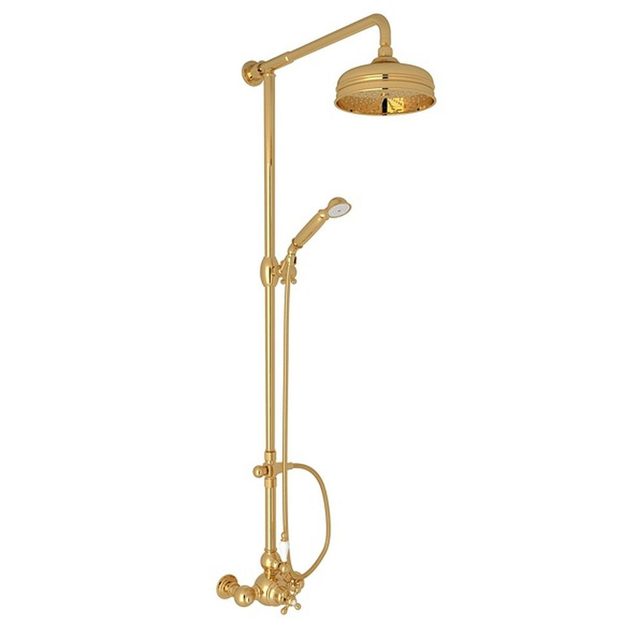 Exposed Wall Mount Thermostatic Shower with Ornate White Porcelain Lever and Volume Control in Italian Brass