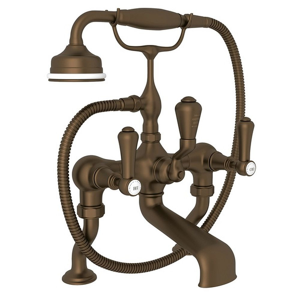 Rohl U.3000LSP/1-EB Exposed Deck Mount Tub Filler Metal Lever with Porcelain Cap Handshower in English Bronze