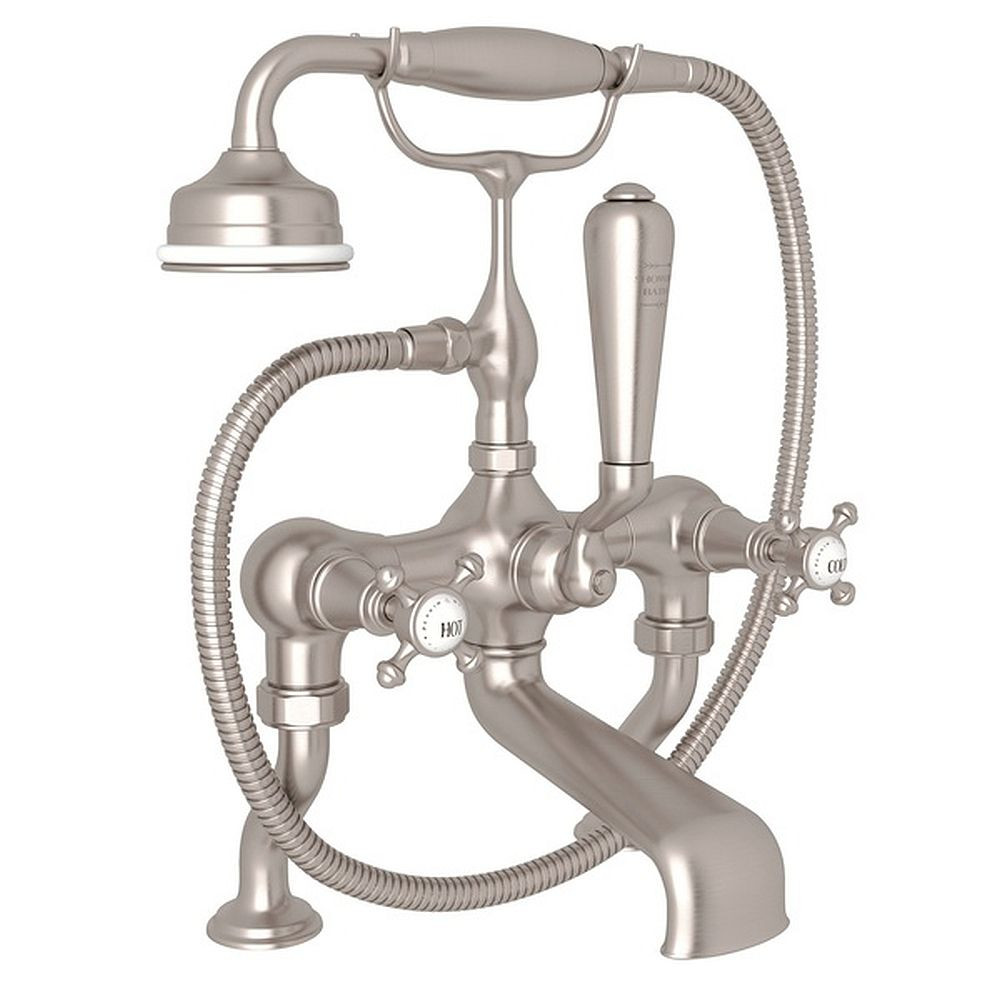 Rohl U.3001X/1-STN Exposed Deck Mount Tub FIller with Cross Handle Handshower in Satin Nickel