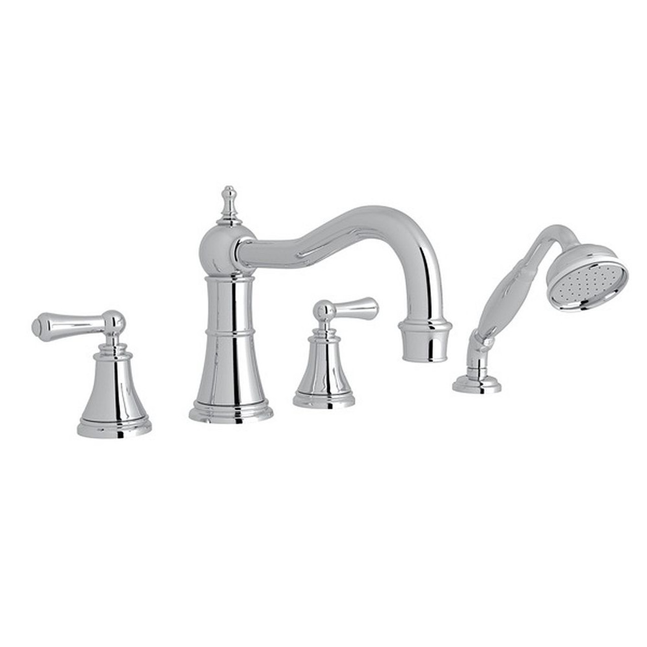 4-Hole Deck Mount Column Spout Tub Filler with Solid Metal Lever Handshower in Polished Chrome 4-Hole Deck Mount Column Spout Tub Filler with Solid Metal Lever Handshower in Polished Chrome