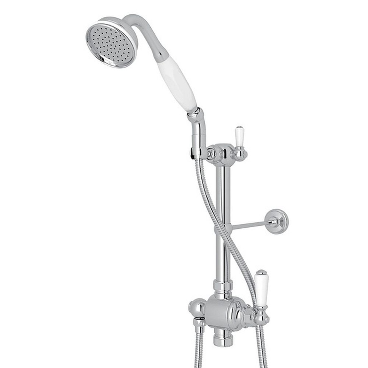 Riser Diverter, Handshower, Hose, Parking Bracket and 8" Thermostatic Outlet with White Porcelain Lever in Polished Chrome