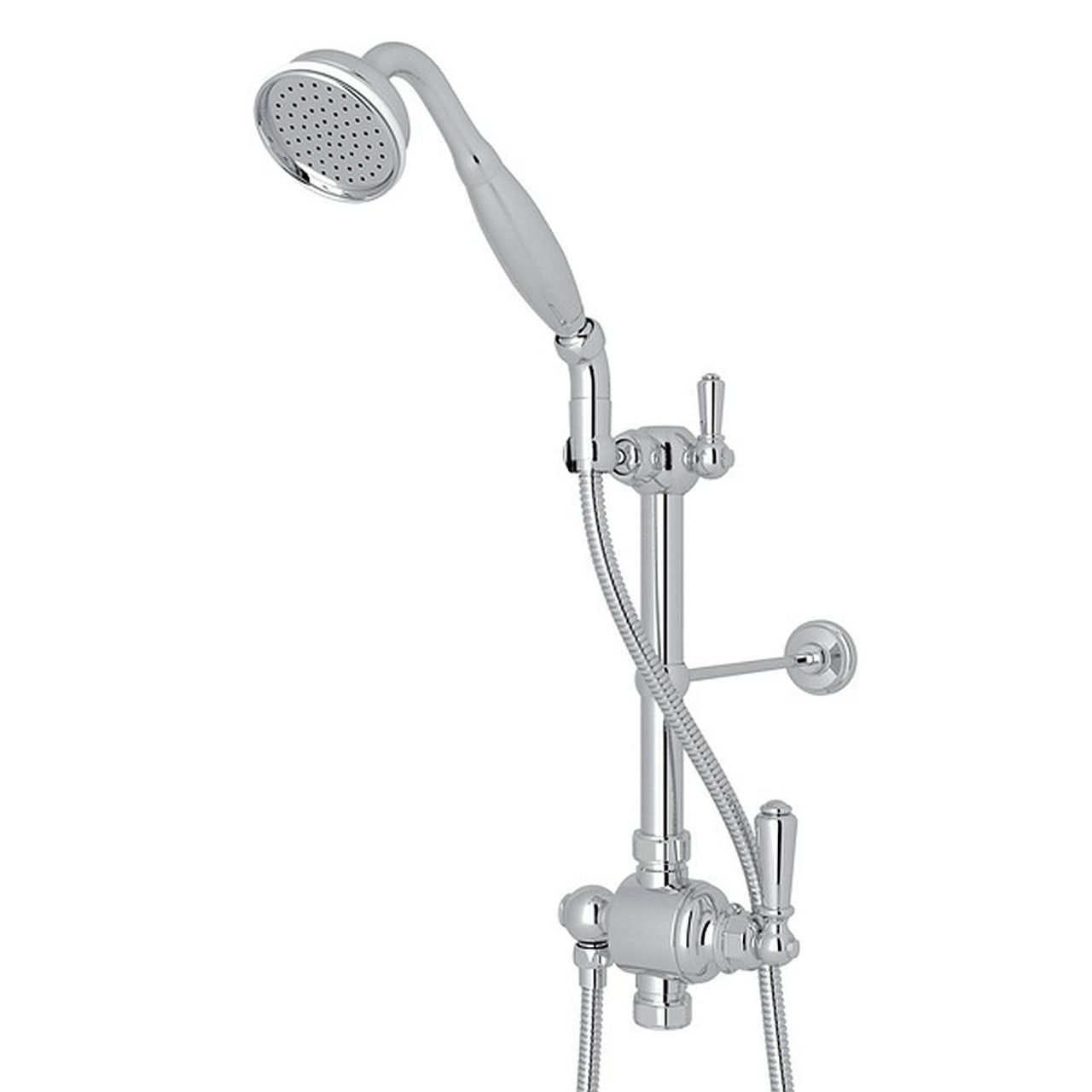 Riser Diverter, Handshower, Hose, Parking Bracket and 8" Thermostatic Outlet with Metal Lever in Polished Chrome