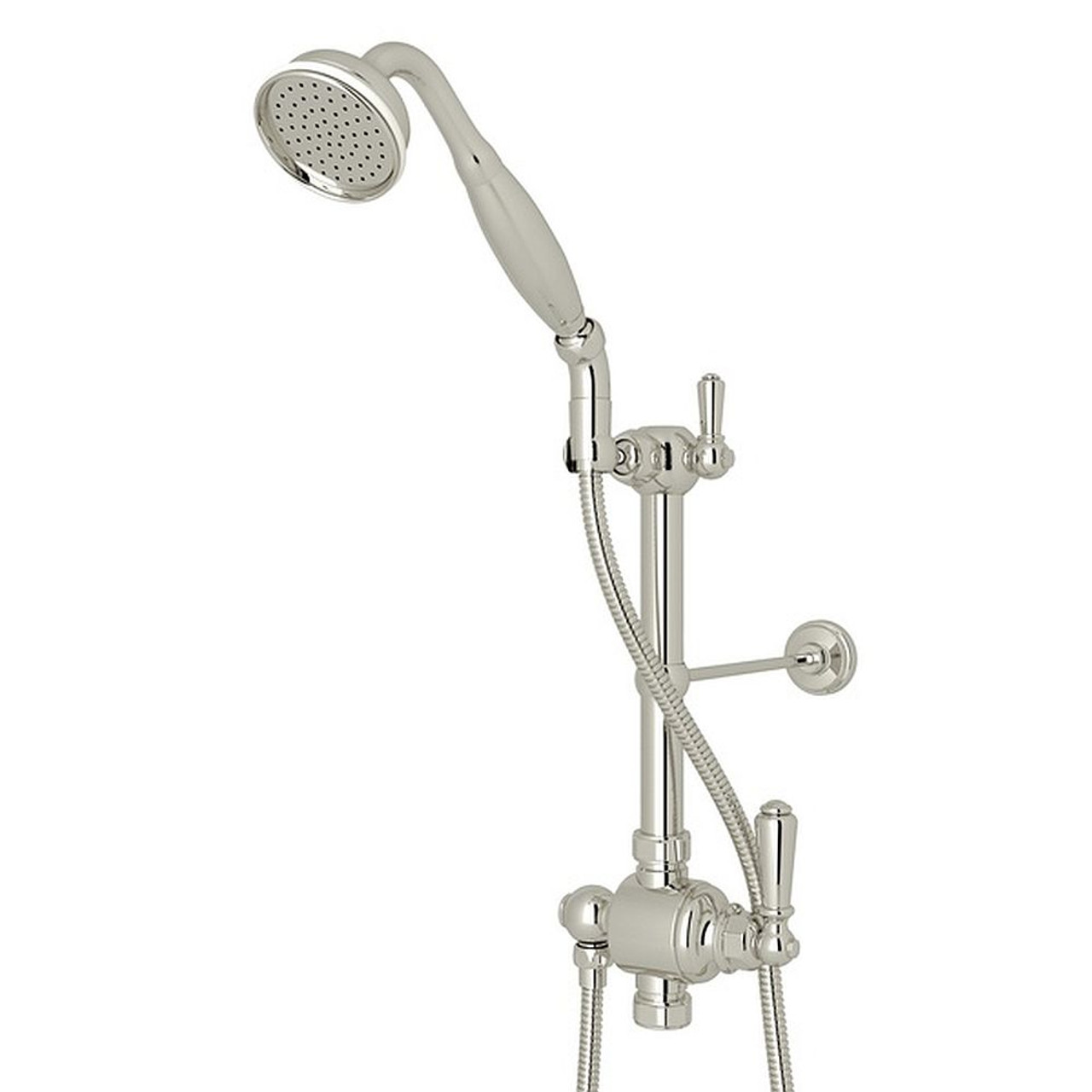 Riser Diverter, Handshower, Hose, Parking Bracket and 8" Thermostatic Outlet with Metal Lever in Polished Nickel