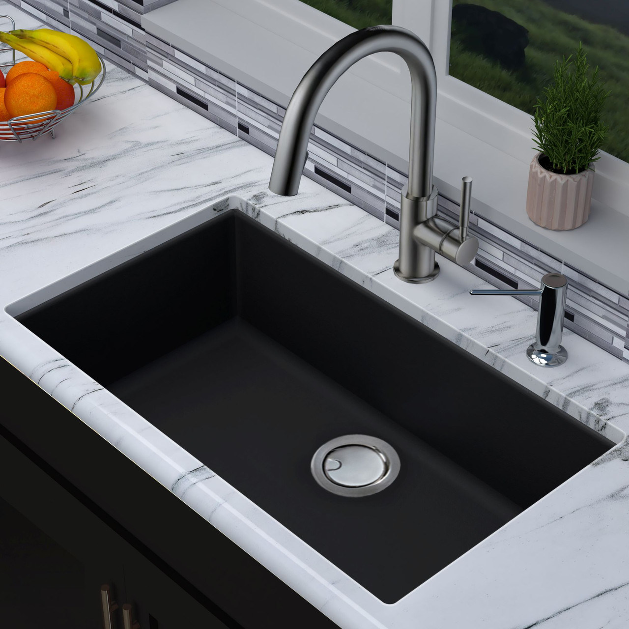 30-in x 18-in x 8-in silQ Granite Kitchen Sink with Super Single Bowl, Integral, Drop-in, Undermount Installation, with 0 Holes, In Total Black