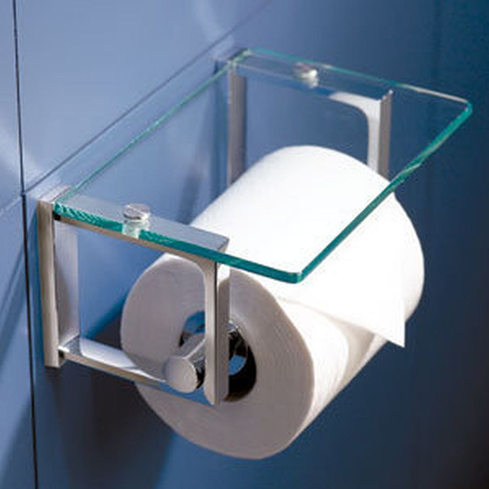 Tempered Glass Covered Toilet Paper Holder in Satin Nickel