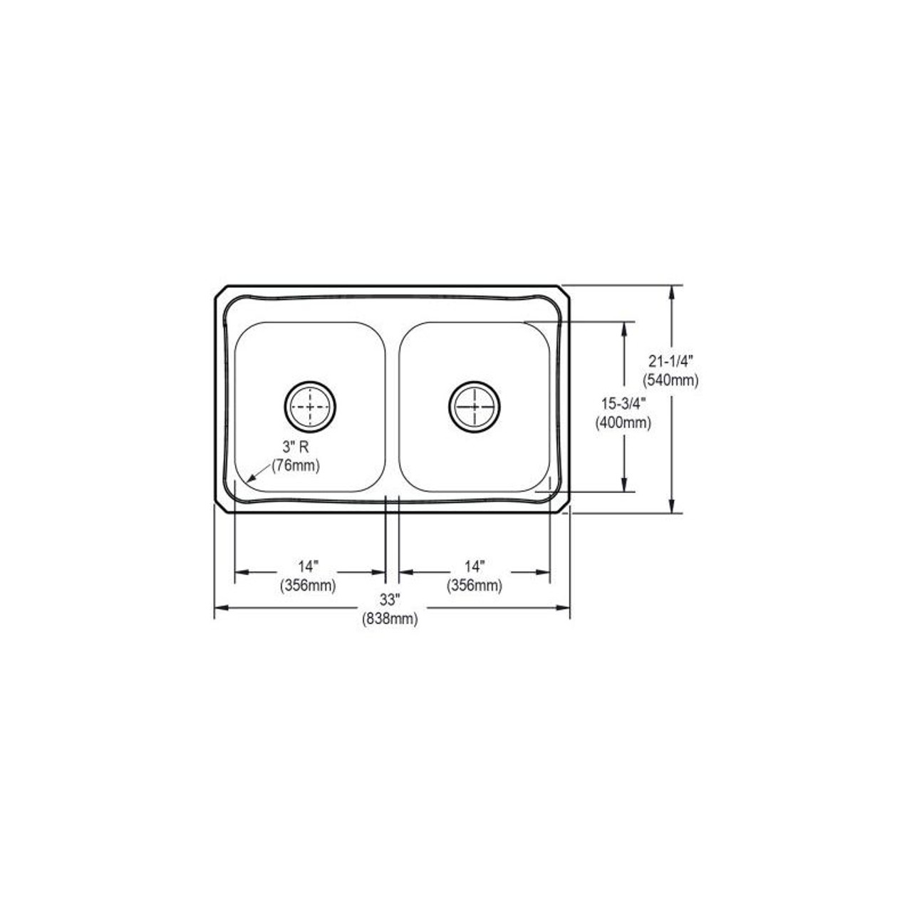 33" x 21-1/4" x 6-7/8" 20 Gauge Stainless Steel Equal Double Bowl Drop-in Kitchen Sink with 2 Faucet Holes in Brushed Satin