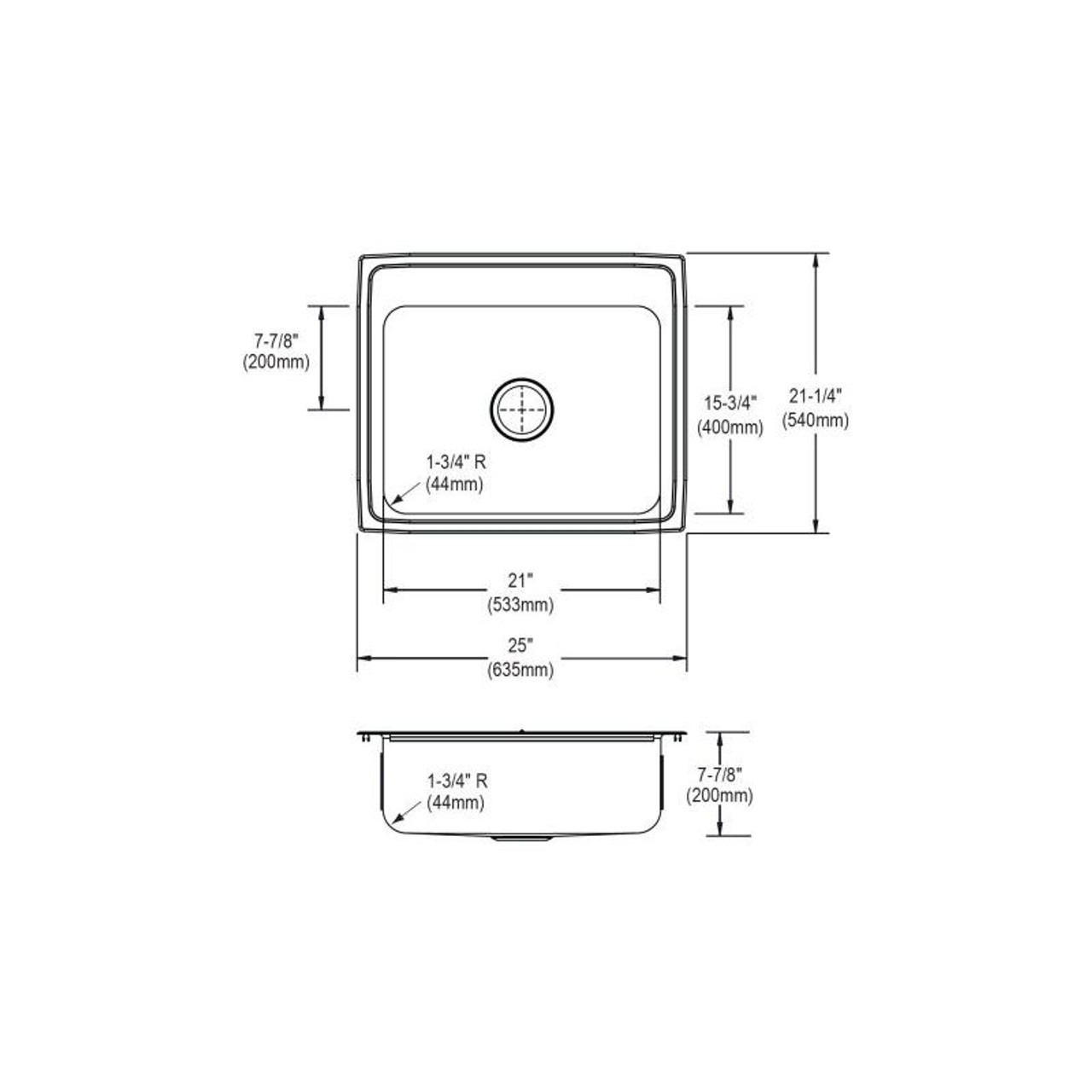 25" x 21-1/4" x 10-1/8" 18 Gauge Stainless Steel Single Bowl Drop-in Kitchen Sink with 2 Faucet Holes in Lustrous Satin