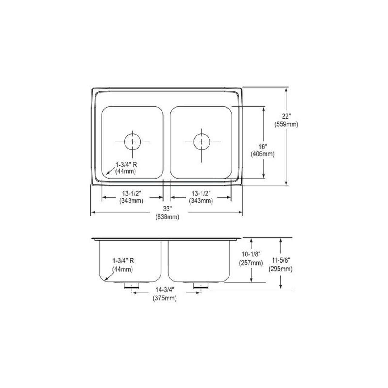 33" x 22" x 10-1/8" 18 Gauge Stainless Steel Equal Double Bowl Drop-in Kitchen Sink with Perfect Drain and 2 Faucet Holes in Lustrous Satin